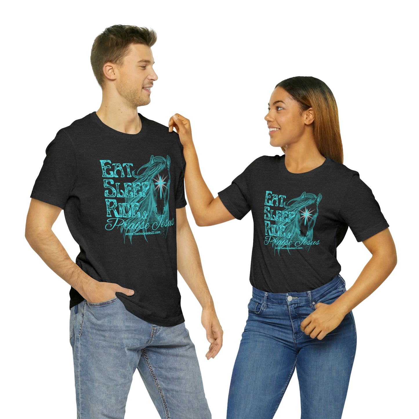 Eat, Sleep, Ride and Praise Jesus T-Shirt (turquois) (front)