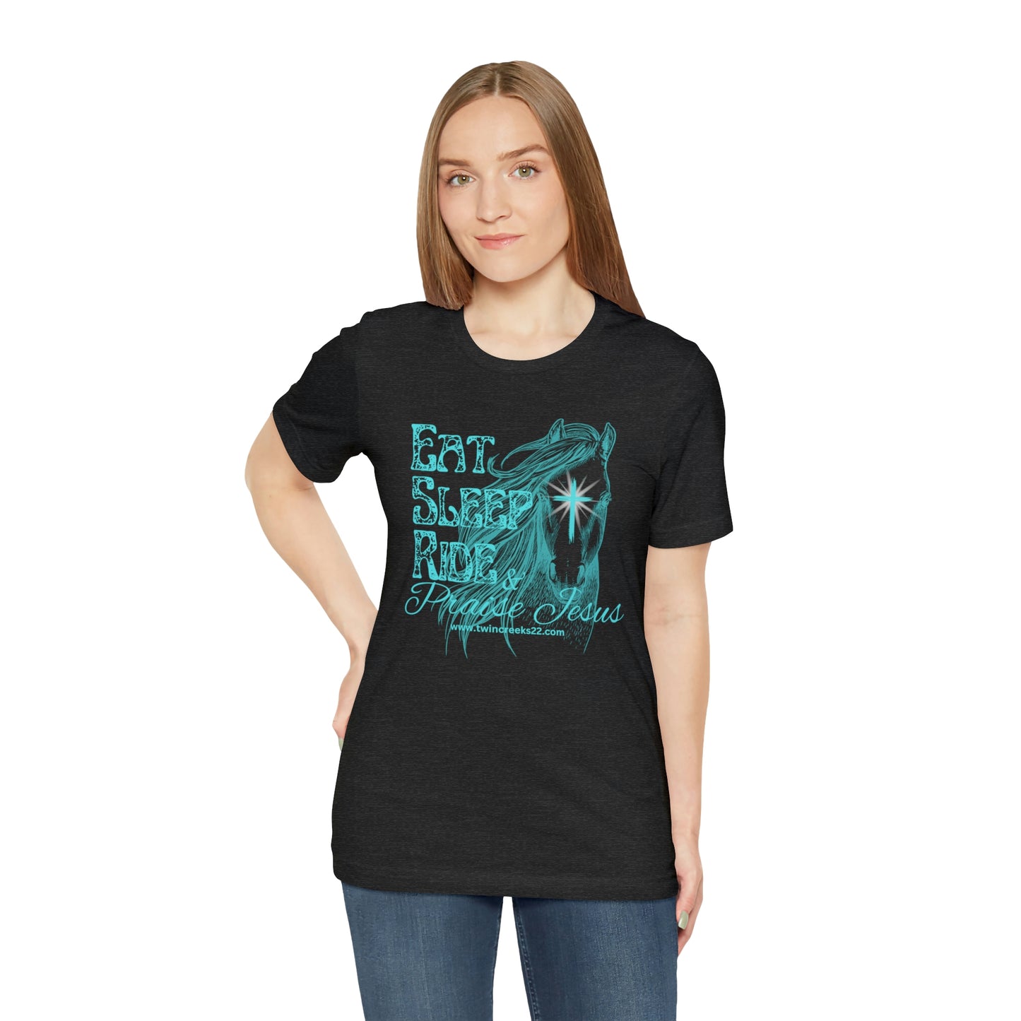 Eat, Sleep, Ride and Praise Jesus T-Shirt (turquois) (front)